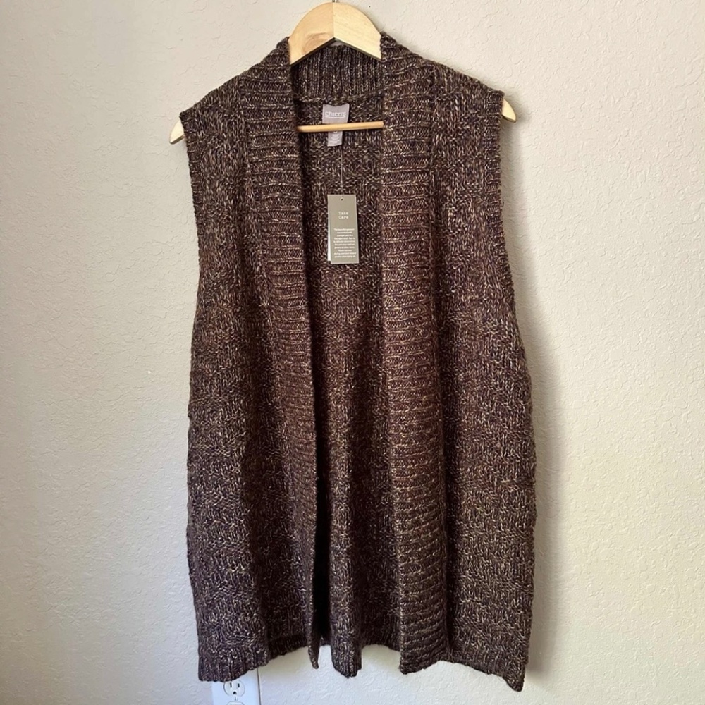 NEW! CHICO’S Plum Purple Metallic Silver Open-Front Long Sweater Vest Size 3